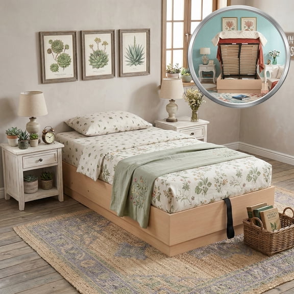 Twin Size Lift up Storage Headboard-Free Platform Bed with Floating Silhouette,Silent Design,No Box Spring Needed,Easy Assembly,Natural Wood
