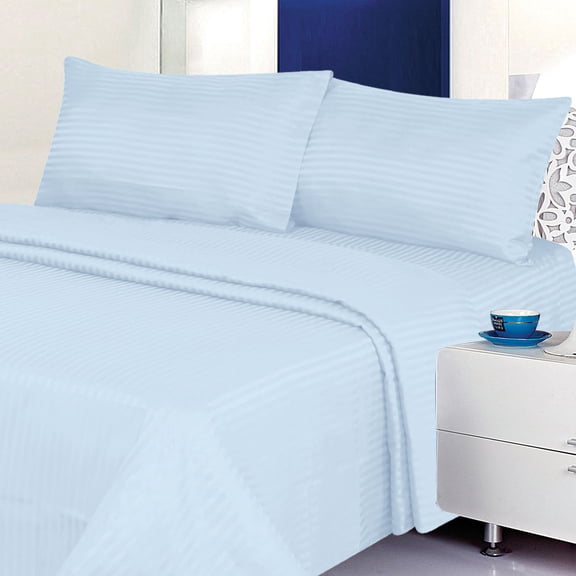 Twin Size Light Blue 400 Thread Count 100% Cotton Sateen Dobby Stripe Sheet Set