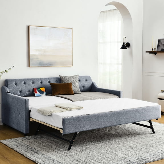 Twin Size Linen DayBed with Pull - out Trundle and Charging Option | For Small Home Areas, Provides Sturdy Support and Classic Style