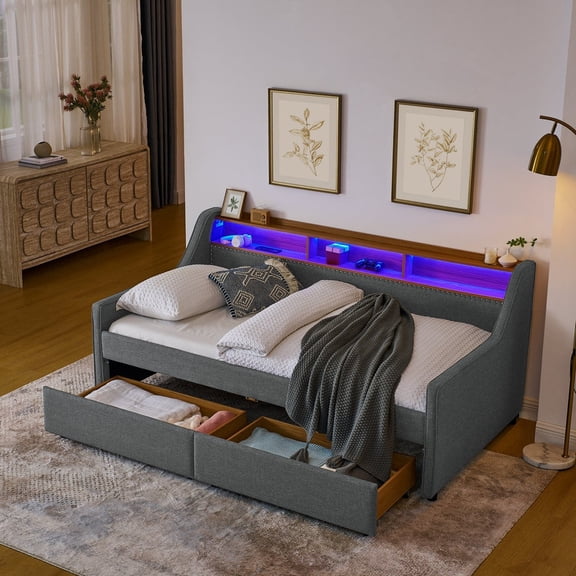 Twin Size Linen Upholstered Sofa Bed with LED Lights, Wireless Charging, Adjustable Headboard, and 2 Storage Drawers, Grey