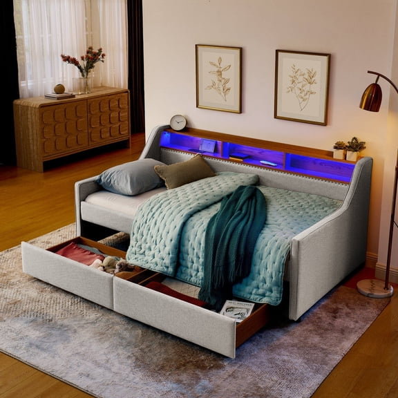 Twin Size Linen Upholstered Sofa Bed with LED Lights, Wireless Charging, Adjustable Headboard, and Storage Drawers, Beige