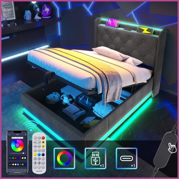 Twin Size Linen Upholstered Storage Bed with 360 LED & USB-C, Gray Metal/Wood Frame, No Box Spring Needed