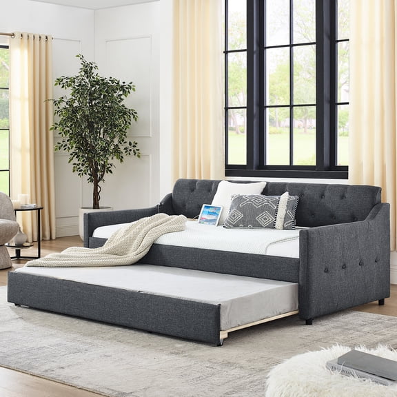 Twin Size Linen Upholstery Bed | Waved Arms, Sturdy Frame, and Charging for Comfort