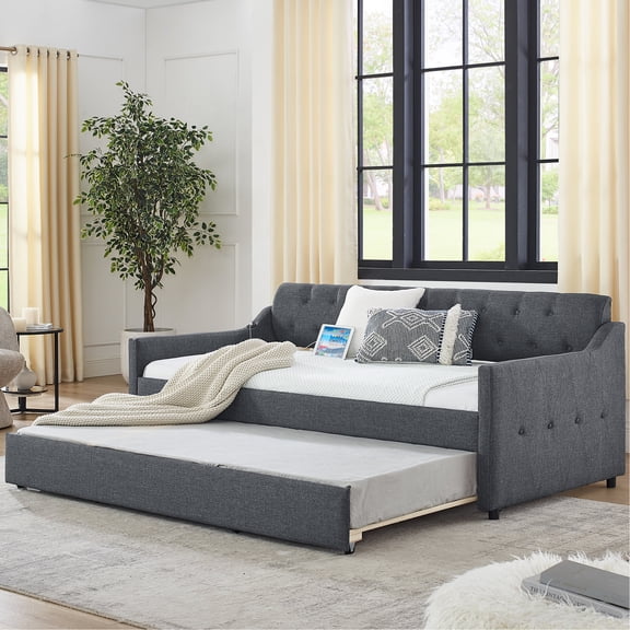 Twin Size Linen Upholstery Bed with Reinforced Frame / USB Charging for In - Bed Convenience