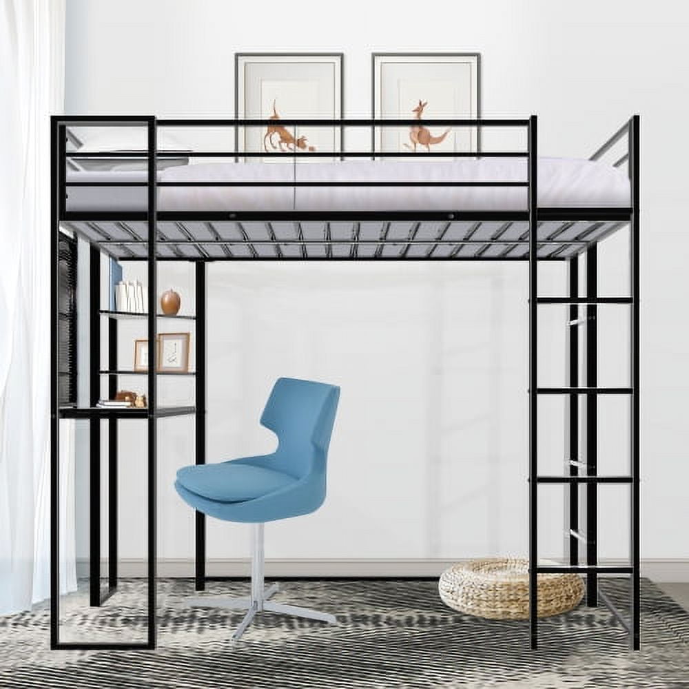 Black Twin Size Loft Bed with Desk, Shelves, 2 Ladders, Metal Frame
