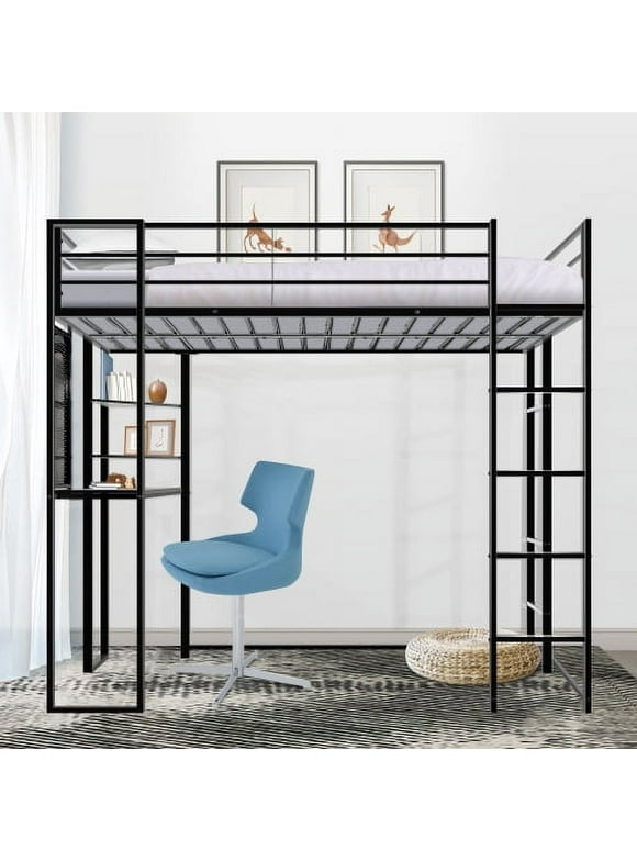 Twin Size Loft Bed with 2 Built-in Ladders, Metal Loft Bed Frame, Multifunctional Loft Bed with Desk and Shelves, Space-Saving Bed Frame with Strong Board Slats, Hold up to 200lbs, Black