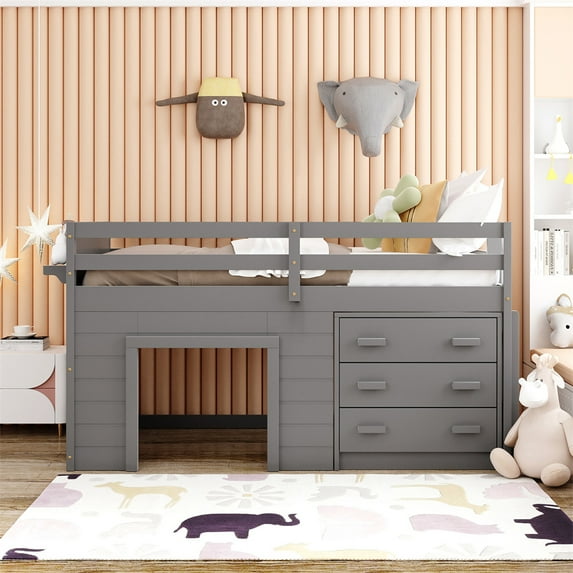 Twin Size Loft Bed with 3 Drawers and Shelf, Wood Loft Bed Frame with Hiding Storage, Built-in Ladder and Full-Length Guardrails, Wood Slats Support, No Box Spring Needed, Gray