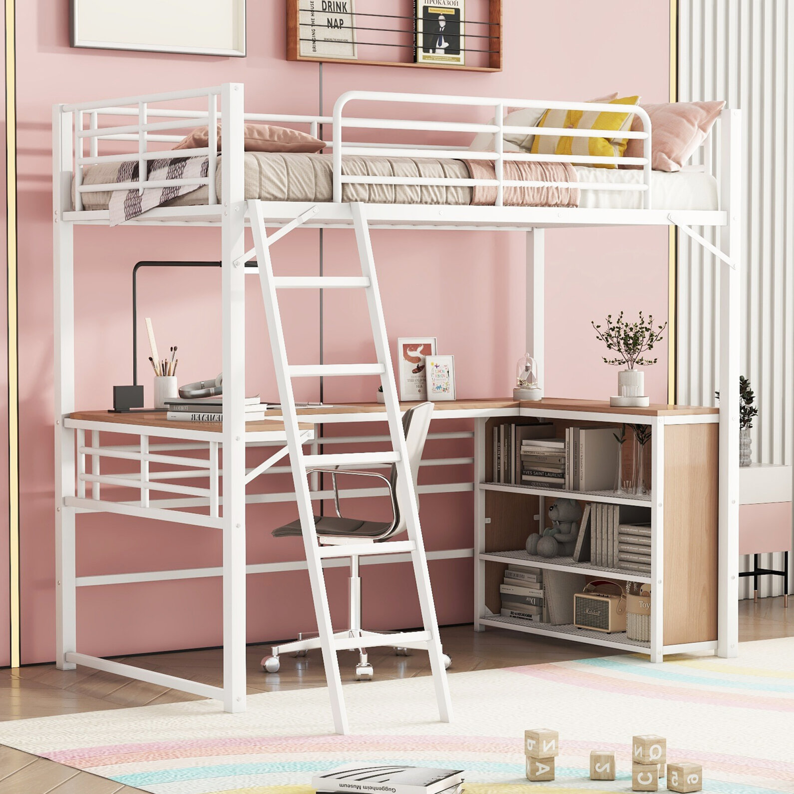 Twin Size Loft Bed with 3 Layers of Shelves and Lshaped Desk, Metal