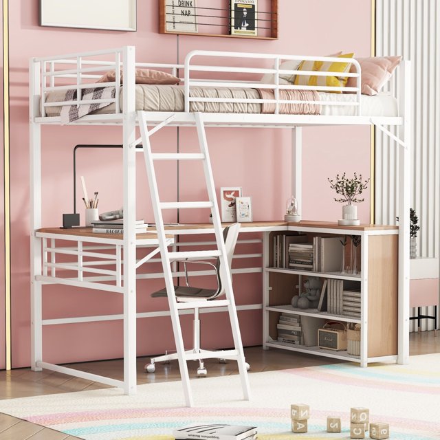 Twin Size Loft Bed with 3 Layers of Shelves and Lshaped Desk, Metal