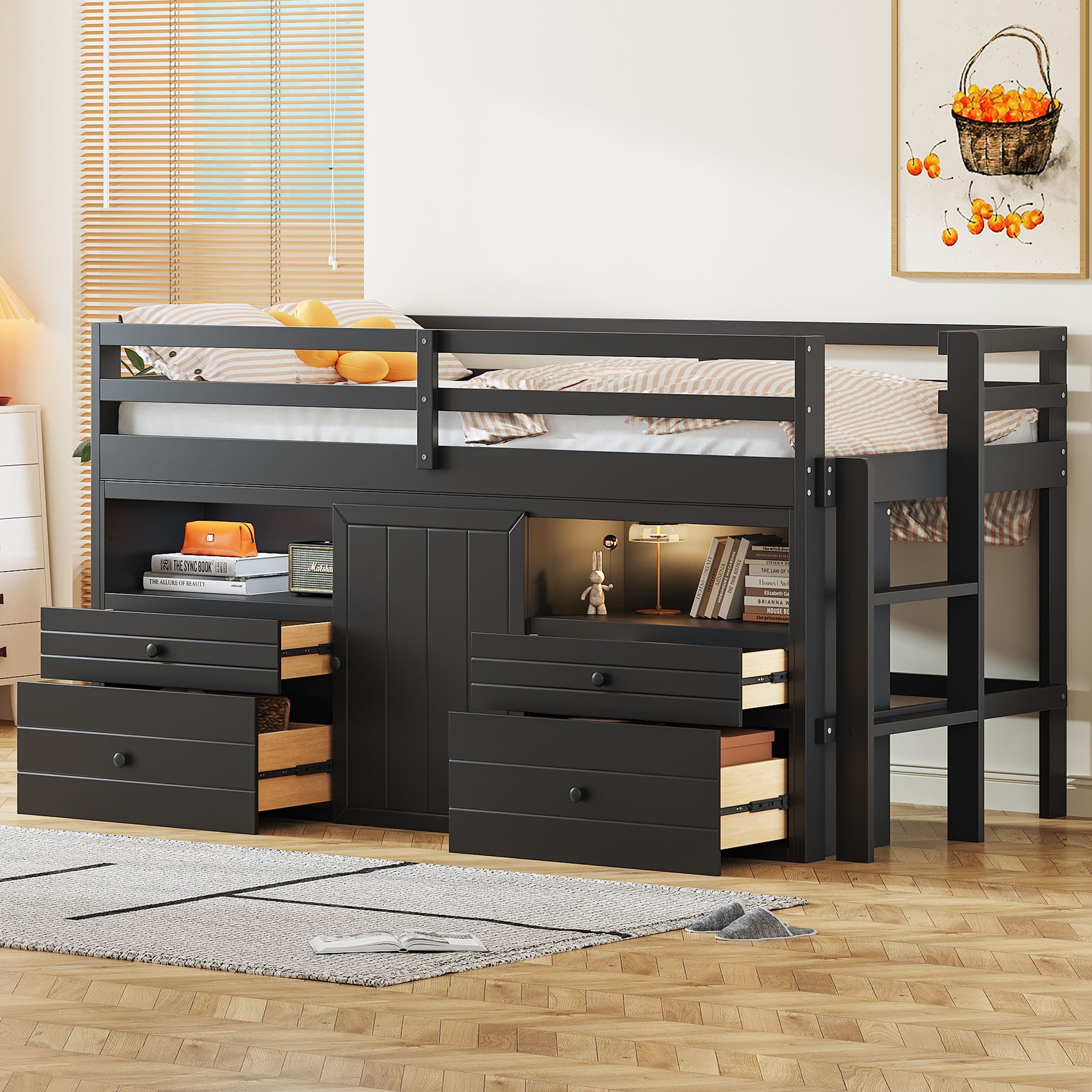 Twin Size Loft Bed with 4 Drawers, Underneath Cabinet and Shelves ...