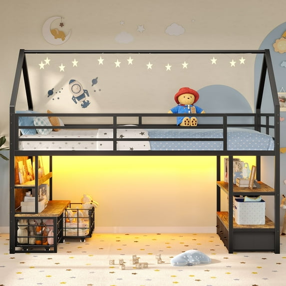 Twin Size Loft Bed with 5 Storage Drawers,LED Lights, Open Storage Shelves,Low Metal Loft Bed with Bookcase & 13.4" Guardrail,Under-Bed Space, House Shape,Black