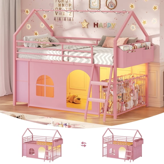 Twin Size Loft Bed with 6 Drawers & Stuffed Animal Storage Organizer, House Bed with LED Lights, Safety Guardrail & Inclined Ladder, No Box Sping Needed, Pink