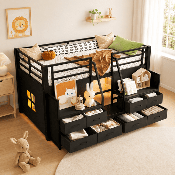 Twin Size Loft Bed with 8 Non-Woven Fabric Storage Drawers and Bookshelf, UHOMEPRO Low Loft Bed with Lights and Private Play Curtain, Twin Loft Beds with High Rails, Noise Reduced Black