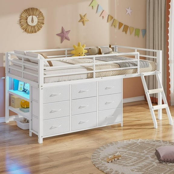 Twin Size Loft Bed with 9 Drawers Dresser, LED Lights, 2 Storage Shelves & Stairs, Low Loft Bed Twin Metal Bed with 13.8in Safety Guardrail, Space Saving, White