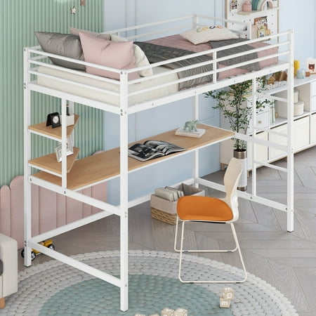 Twin Size Loft Bed, BTMWAY Metal Loft Bed Frame with Long Desk and Storage Shelves, No Box Spring Needed, Twin Loft Bed with Safety Rail and Ladder for Kids Teens Adults, Holds 220lbs, Black