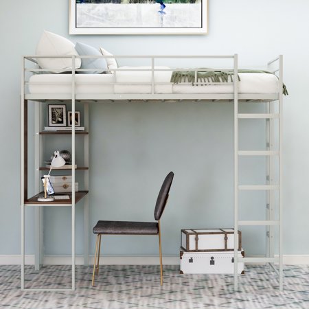 Twin Size Loft Bed, BTMWAY Metal Loft Bed Frame with Writing Desk and 2 Storage Shelves, No Box Spring Needed, Twin Loft Bed with Safety Rail and Ladders for Kids Teens Adults, Holds 250lbs, Silver