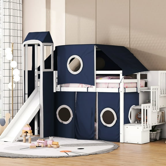 Twin Size Loft Bed In Blue With Tent And Tower. Solid Pine Wood & Build. Playhouse Inspired Design. Spacious Under Area. Mattress Not Supplied. Assembly Needed Construction From . Included. Required