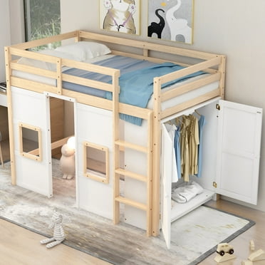 Twin Size Loft Bed with Built-in Storage Wardrobe and 2 Windows, Solid Wood Low Loft Bed with Safety Full-Length Guardrails for Kids Boys Girls Bedroom, Playful Design, Natural+White