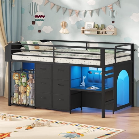 Twin Size Loft Bed with Desk & 6 Drawers, Metal Loft Bed with LED Lights, Stuffed Animal Cage, Safety Guardrail, Play Zone, No Box Spring Needed, Black