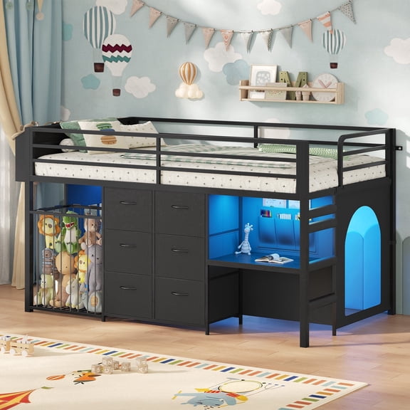 Twin Size Loft Bed with Desk & 6 Drawers, Metal Loft Bed with LED Lights, Stuffed Animal Cage, Safety Guardrail, Play Zone, No Box Spring Needed, Black