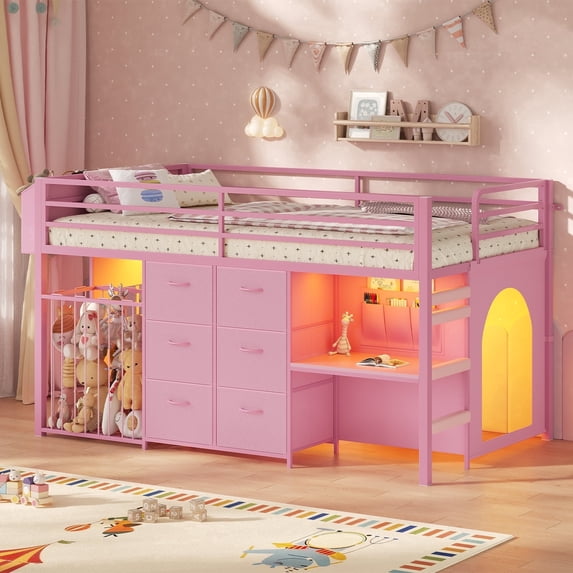 Twin Size Loft Bed with Desk & 6 Drawers, Metal Loft Bed with LED Lights, Stuffed Animal Cage, Safety Guardrail, Play Zone, No Box Spring Needed, Pink