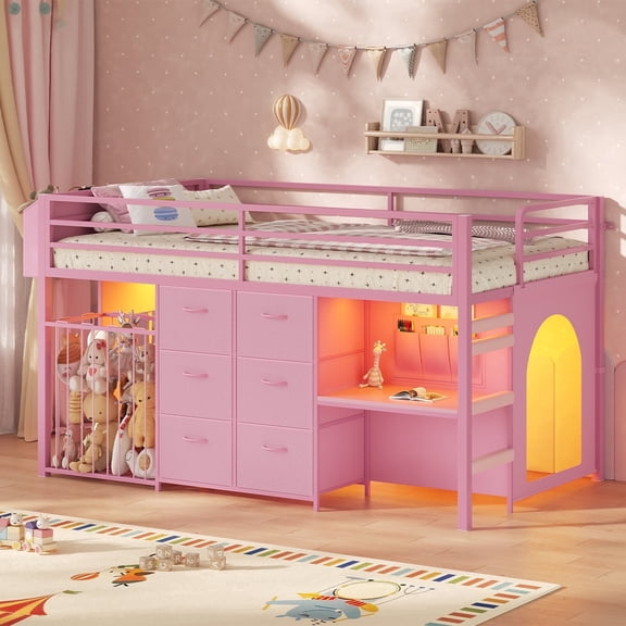 Twin Size Loft Bed with Desk & 6 Drawers, Metal Loft Bed with LED Lights, Stuffed Animal Cage, Safety Guardrail, Play Zone, No Box Spring Needed, Pink