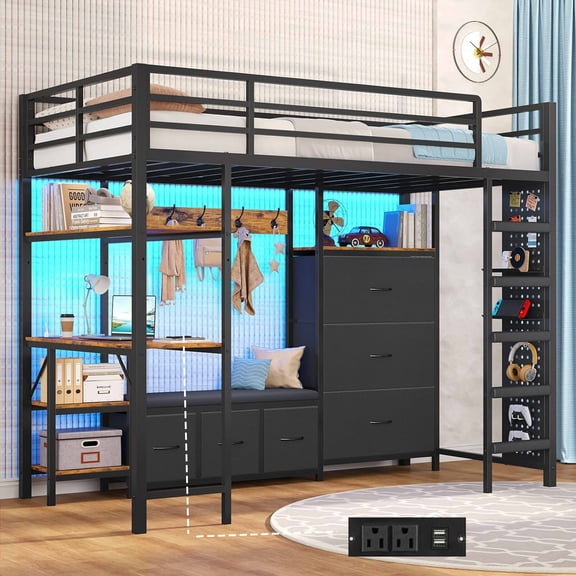 Twin Size Loft Bed with Desk and 6 Storage Drawers and LED Lights, Metal Loft Bed Frame with Charging Station & Open Shelf & Large Pegboard & Stairs & Full-Length Guardrail, Black