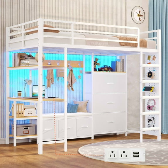 Twin Size Loft Bed with Desk and 6 Storage Drawers and LED Lights, Metal Loft Bed Frame with Charging Station & Open Shelf & Large Pegboard & Stairs & Full-Length Guardrail, White