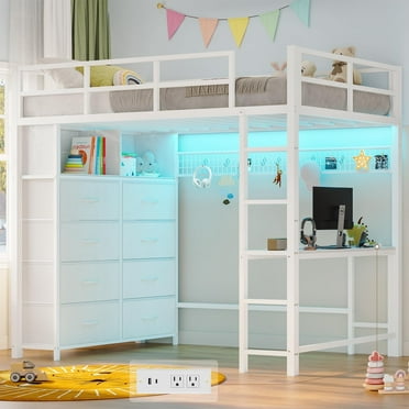 Twin Size Loft Bed with Desk and 8 Storage Drawers, Metal Loft Bed Twin with LED Lights & Charging Sation, Storage Shelves, 13.1" H Safety Guard & Ladder, No Box Spring Needed, White