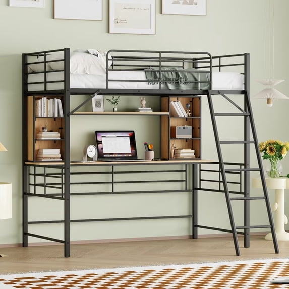 Twin Size Loft Bed with Desk and Bookcases, Heavy Duty Metal Loft Bed Twin Size with Storage Shelves & Inclined Ladder & Guardrail, High Bed Frame for Boys Girls Teens, No Box Spring Needed, Black