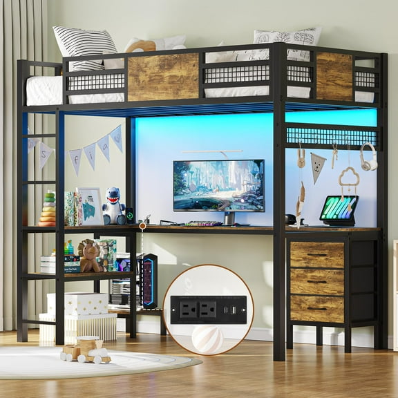 Twin Size Loft Bed with Desk & Charging Station & LED Lights,Metal Bed Frame with LED Lights & Charging Sation, 3 Drawers, 2-Tier Storage Shelves, Safety Guard & Ladder,Black