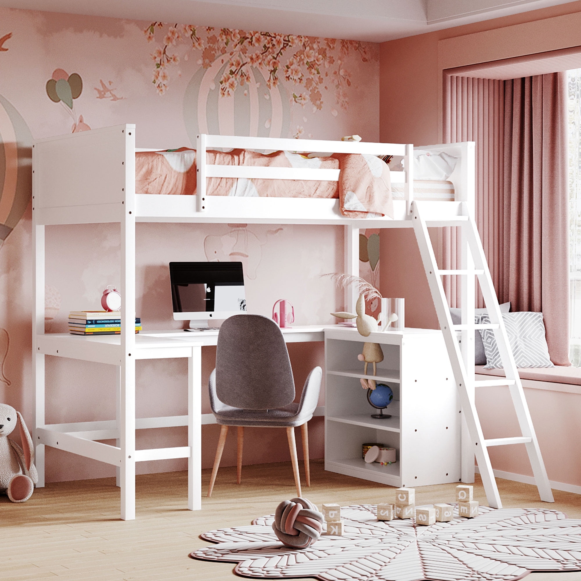 Twin Size Loft Bed with Desk and Convertible Ladder Multi Functional Loft Bed with Storage Shelves and Safety Guardrails Wooden Loft Bed with Desk for