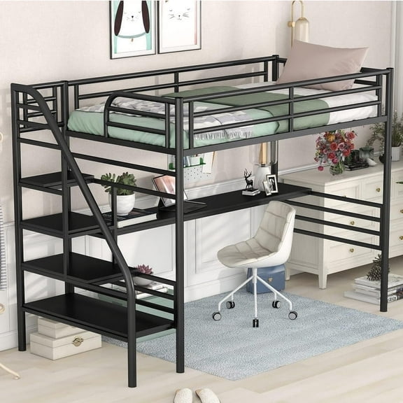 Twin Size Loft Bed with Stairs, Heavy-Duty Loft Beds with Desk, Metal Twin Gaming Loft Beds with Storage for Adults Teens, No Box Spring Needed (Black)
