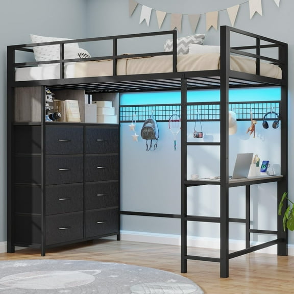 Twin Size Loft Bed with Desk / LED Lights/ Charging Station,Twin Metal Bed Frame with Storage Shelves and 8 Drawers, Safety Guard & Ladder, No Box Spring Needed,Black Grey