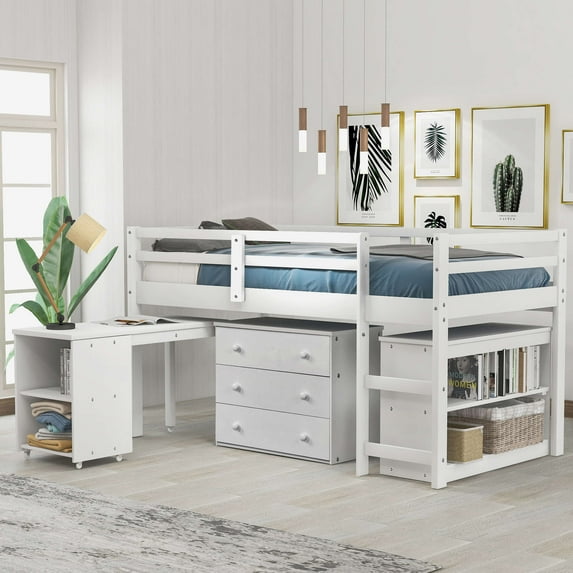 Twin Size Loft Bed with Desk, Low Study Loft Bed with Storage Cabinet and Rolling Portable Desk, Twin Size Loft Bed Frame, Bedroom Furniutre, Multiple Functions, No Box Spring Required, Expresso