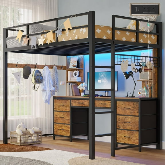 Twin Size Loft Bed with Desk, Metal Loft Bed with 8 Drawers Storage & Charging Station & LED Lights, 4 Open Storage Shelves, Noise-Free, Space-Saving, No Box Spring Needed