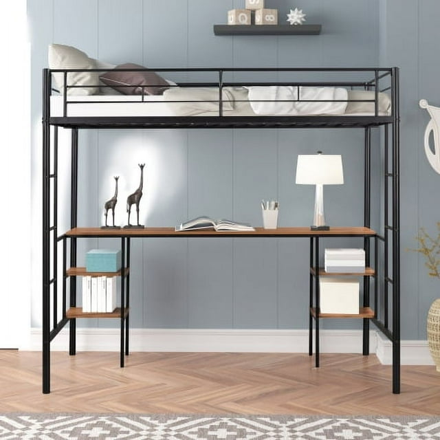 Twin Size Loft Bed With Desk, Twin Metal Loft Bed With Safety 