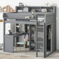 Twin Size Loft Bed with Desk, Multiple Storage Shelves and Wardrobe, Wooden Loft Bed Frame with Built-in Ladder and Full-Length Guardrail for Kids Teens Adults Bedroom Dorm, Easy Assemble, Gray