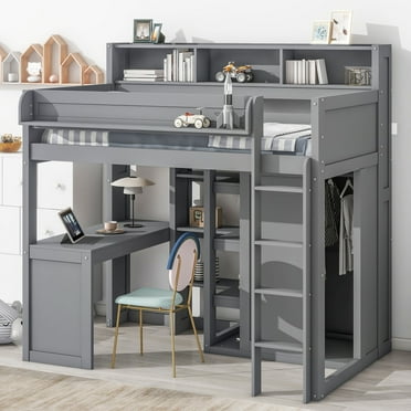 Twin Size Loft Bed with Desk, Multiple Storage Shelves and Wardrobe, Wooden Loft Bed Frame with Built-in Ladder and Full-Length Guardrail for Kids Teens Adults Bedroom Dorm, Easy Assemble, Gray