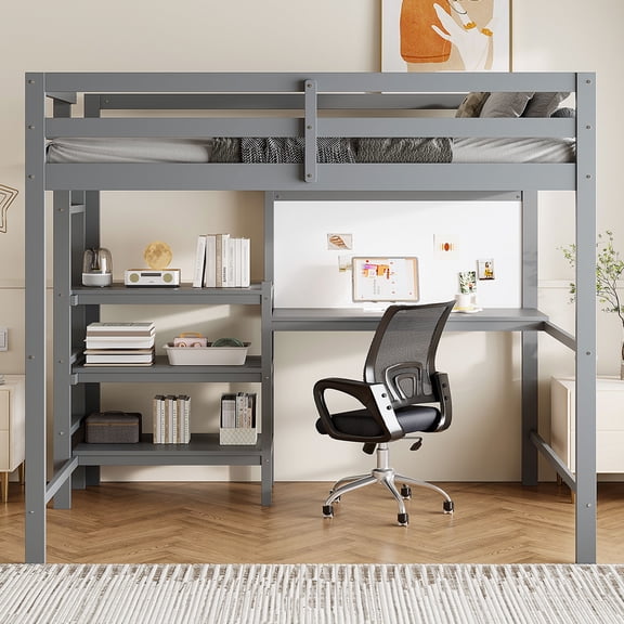 Twin Size Loft Bed with Desk and Shelves, Gray Wooden Loft Bed with Writing Board - Space Saving Study Loft Bed for Small Rooms, Multi-Functional Furniture