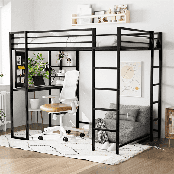 Twin Size Loft Bed with Desk and Shelves for Adult, Metal Bed Frame with Two Build-in Ladders and Full-Length Guardrail, Noise Free, Space-Saving Design, No Box Spring Needed