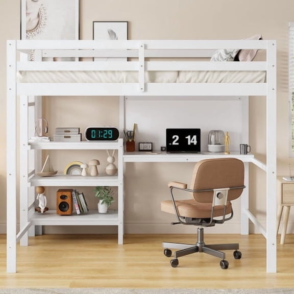 Twin Size Loft Bed with Desk and Shelves, White Wooden Loft Bed with Writing Board - Space Saving Study Loft Bed for Small Rooms, Multi-Functional Furniture