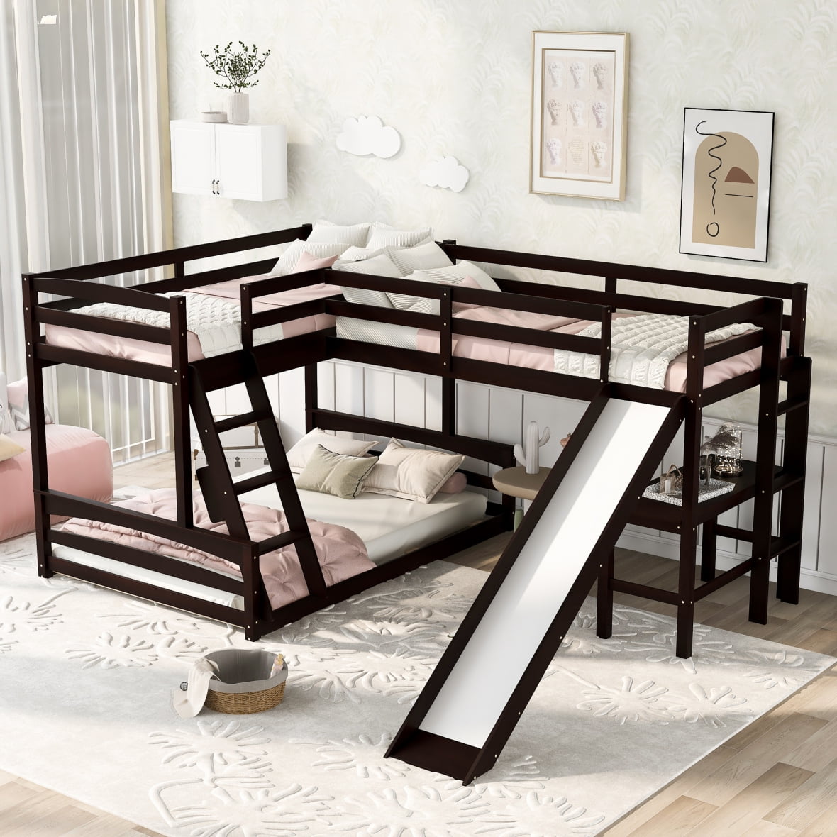 Twin Size Loft Bed with Desk and Slide, Triple Bunk Bed for 3 Full-Length Guardrail Twin Bunk Bed Bed Frame for Teens, Girls, Boys, Bedroom Home Furniture, No Box Spring Required ESPRESSO- (Box 2 of 2 ONLY)
