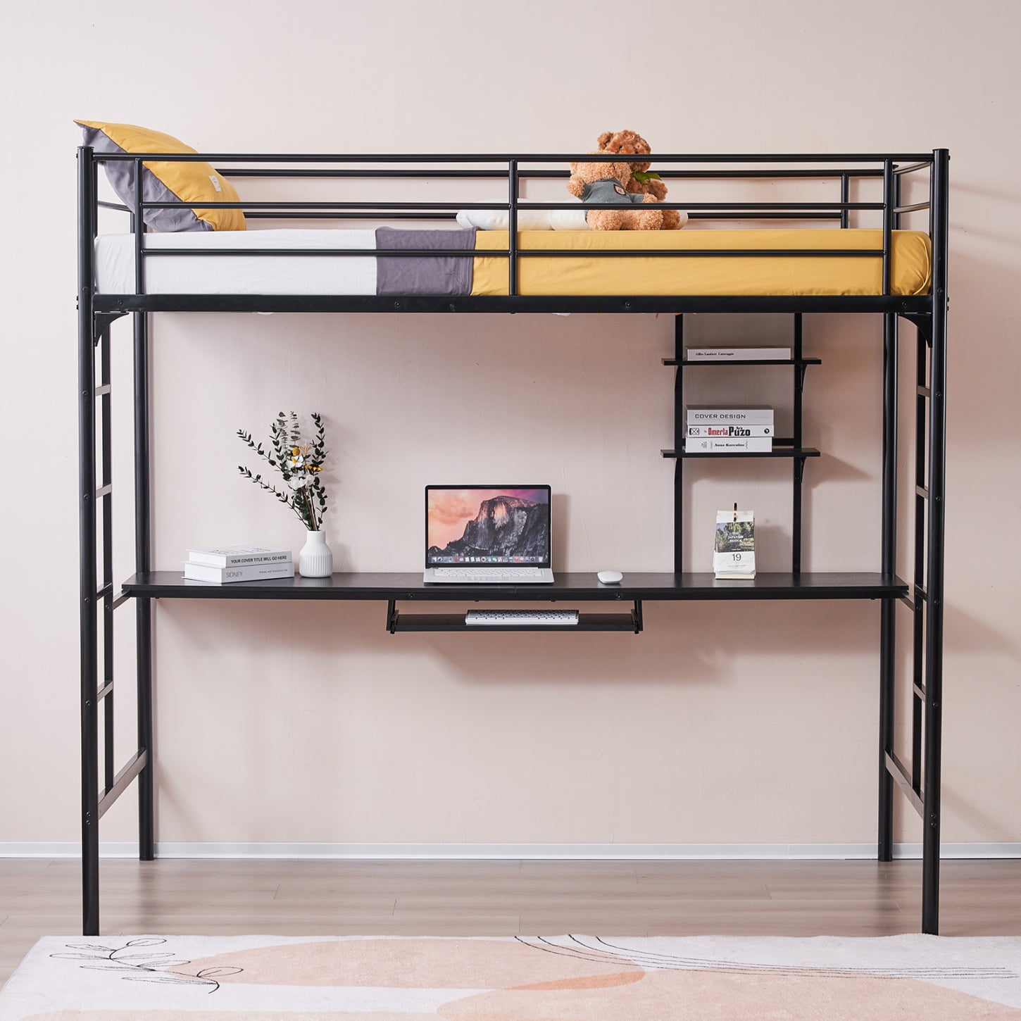 Twin Size Loft Bed with Desk and Storage Shelves, Metal High Loft Bed with Safety Guardrail \u0026 2 Ladders, Space Saving Design, for Dorm,Bedroom, No Spring Box Needed, Black
