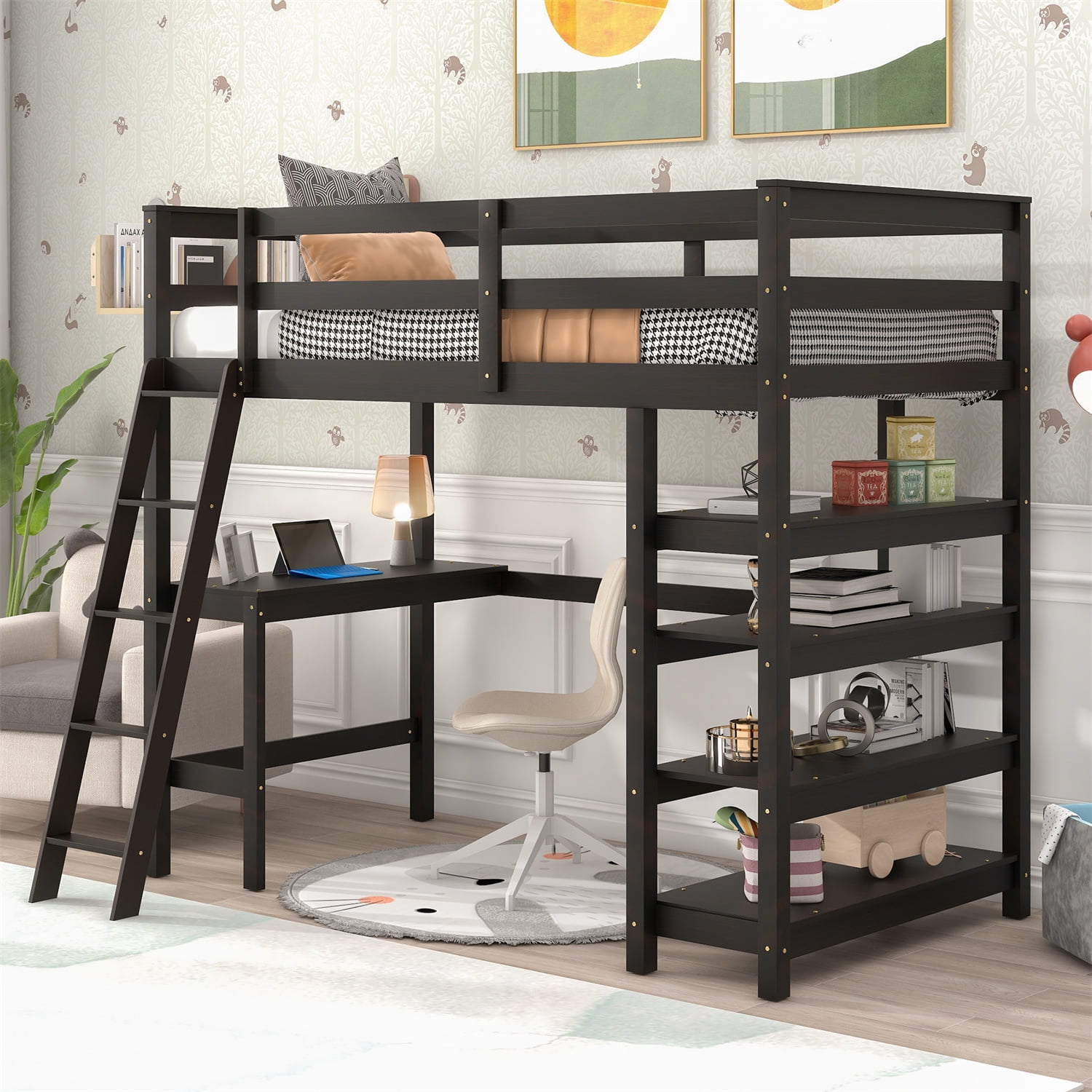 Twin Size Loft Bed with Desk and Storage Shelves, Solid Wood High Loft Bed Frame with Safety