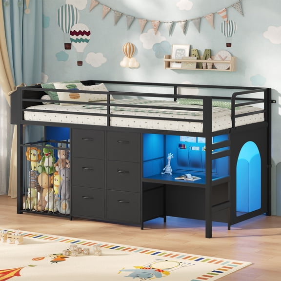 Twin Size Loft Bed with Desk & Stuffed Animal Storage Organizer, Metal Loft Bed with 6 Drawers, LED Lights, Safety Guardrail, Play Zone, No Box Spring Needed, Black