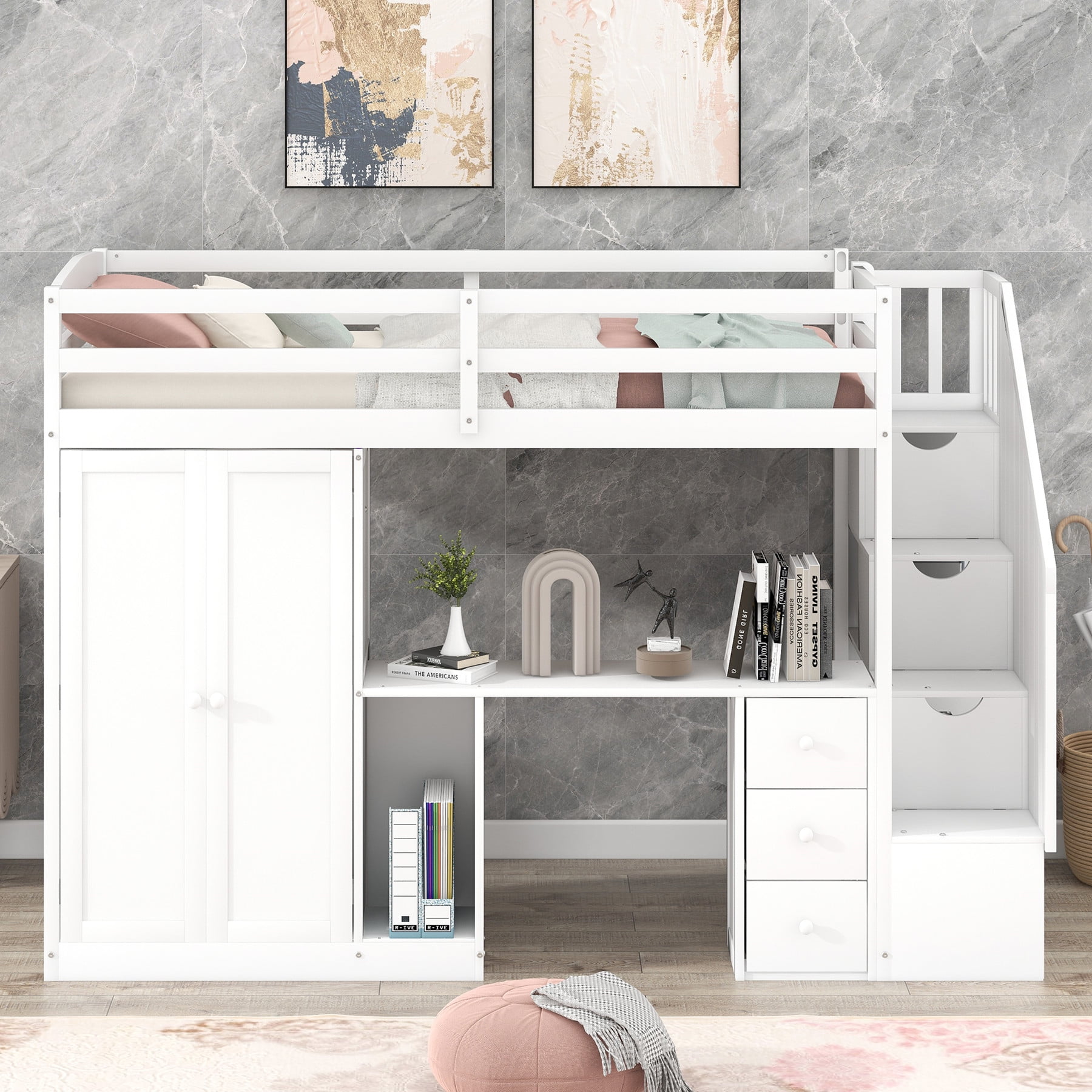 Space-Saving Twin Size Loft Bed with Storage Wardrobes, Drawers