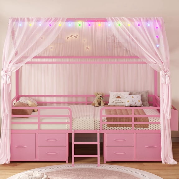 Twin Size Loft Bed Frame with 6 Drawers,House Bed,Metal Low Loft Bed with Globe String Lights Plug in,Metal Bed with Guardrail & Inclined Ladder,No Box Sping Needed,Pink