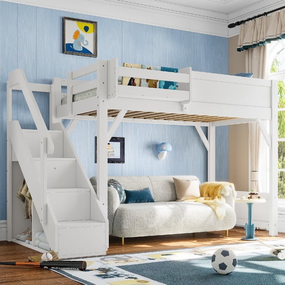 Twin Size Loft Bed Frame with Built-in Wardrobe and Storage Space, Solid Wood Loft Bed with Beside Shelves and Full-length Guardrails for Bedroom, Apartment, Space Saving, Mattress Not Included,White