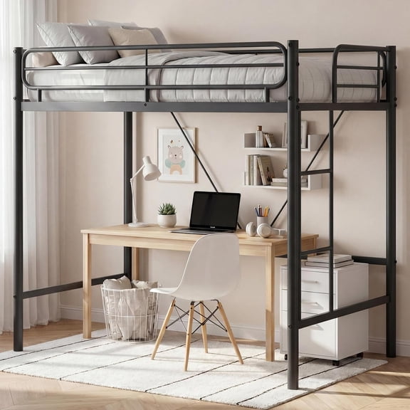 Twin Size Loft Bed Frame, Heavy Duty Metal Loft Bed with 11.7" Guardrails, Space Saving Design with Under-Bed Workspace, 450 lbs Capacity, No Box Spring Needed, Black
